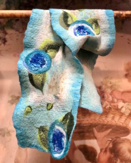 Agnes Foss - Felted Merino Scarf / Wrap - Blue Roses on White Background with Blue Edging and Silk Inserts